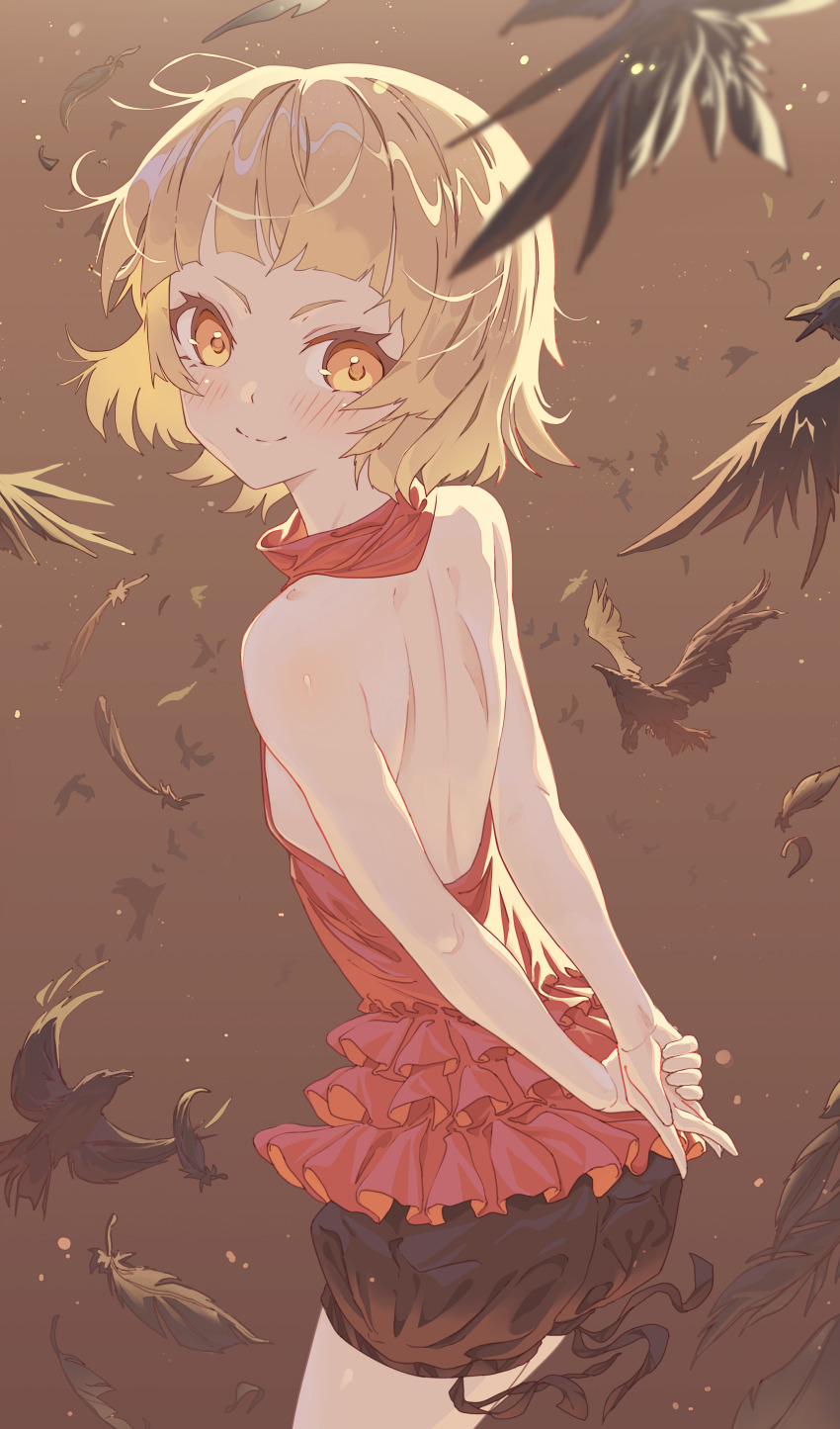 1girl absurdres arms_behind_back backless_outfit bird blonde_hair bloomers blunt_bangs blush closed_mouth cowboy_shot crow flat_chest highres kiss-shot_acerola-orion_heart-under-blade kizumonogatari leaning_forward looking_at_viewer looking_back monogatari_(series) oshino_shinobu red_skirt short_hair shoulder_blades skirt smile solo underwear yellow_background yellow_eyes yozora_(1wkdgusdn)