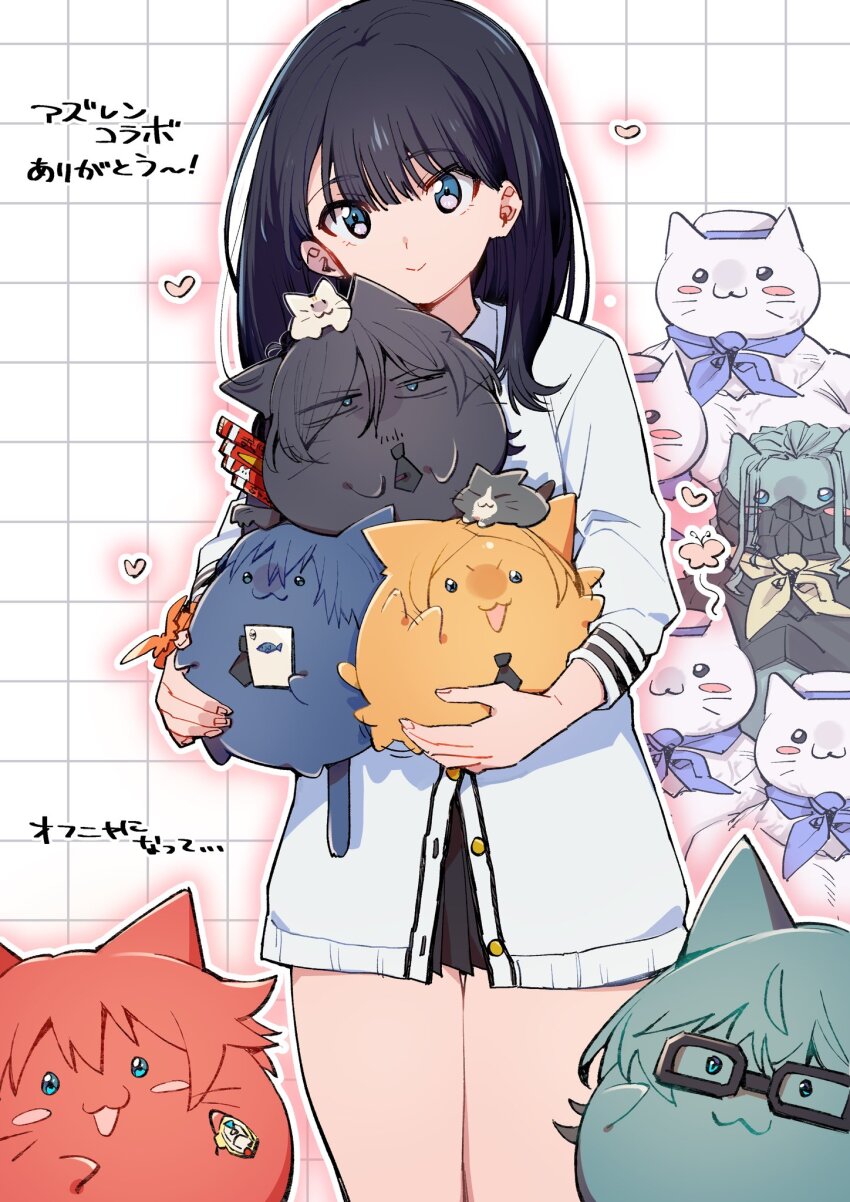 1girl 6+boys acceptor animal animal_ears animal_on_head black_cat black_hair black_suit blonde_hair blue_eyes blue_hair blush borr bow cat cat_ears cat_tail cha-handaisuki formal_clothes green_hair gridman_universe hibiki_yuuta highres holding holding_animal holding_cat long_hair looking_at_viewer mask max_(ssss.gridman) multiple_boys necktie on_head red_bow red_hair samurai_calibur school_uniform shirt short_hair skirt smile ssss.gridman suit tail takarada_rikka thighs utsumi_shou vit white_cat white_shirt