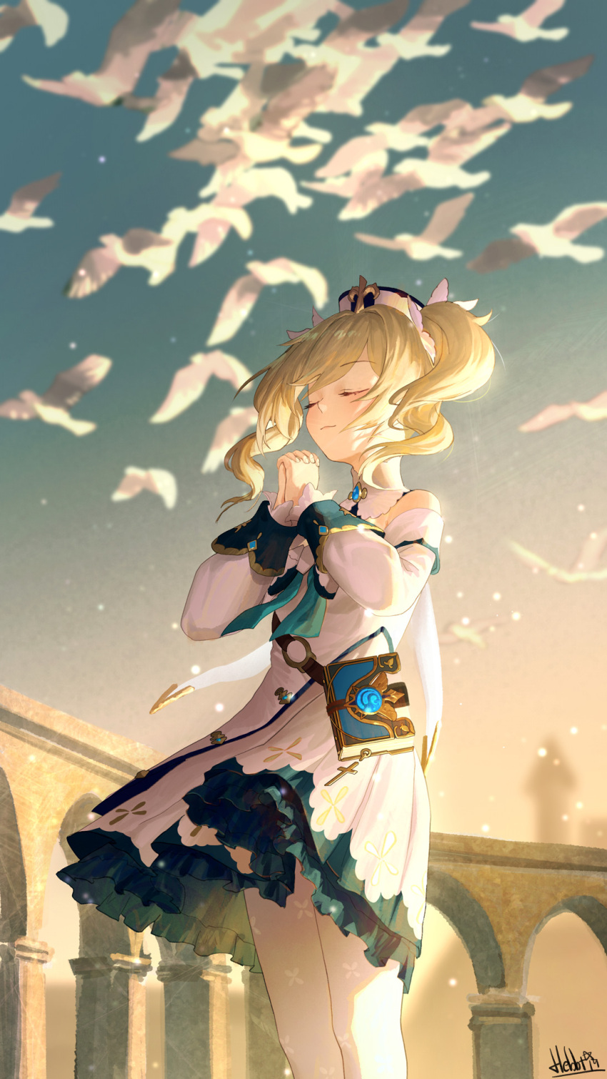 1girl barbara_(genshin_impact) bare_shoulders blonde_hair bow closed_eyes detached_collar detached_sleeves dress drill_hair genshin_impact hair_between_eyes hair_ornament hat hebbtia highres long_hair long_sleeves pantyhose smile solo twin_drills twintails vision_(genshin_impact) white_dress white_pantyhose white_sleeves
