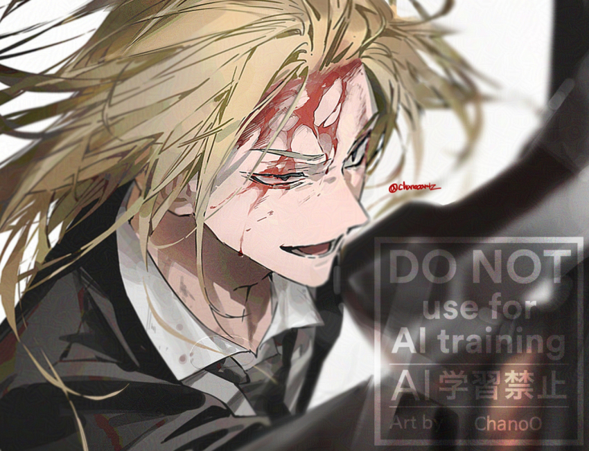 1boy artist_name black_eyes black_jacket blonde_hair blood blood_on_face chanoo_artz english_text jacket male_focus medium_hair messy_hair open_mouth sakamoto_days shishiba_(sakamoto_days) smile solo teeth upper_body watermark