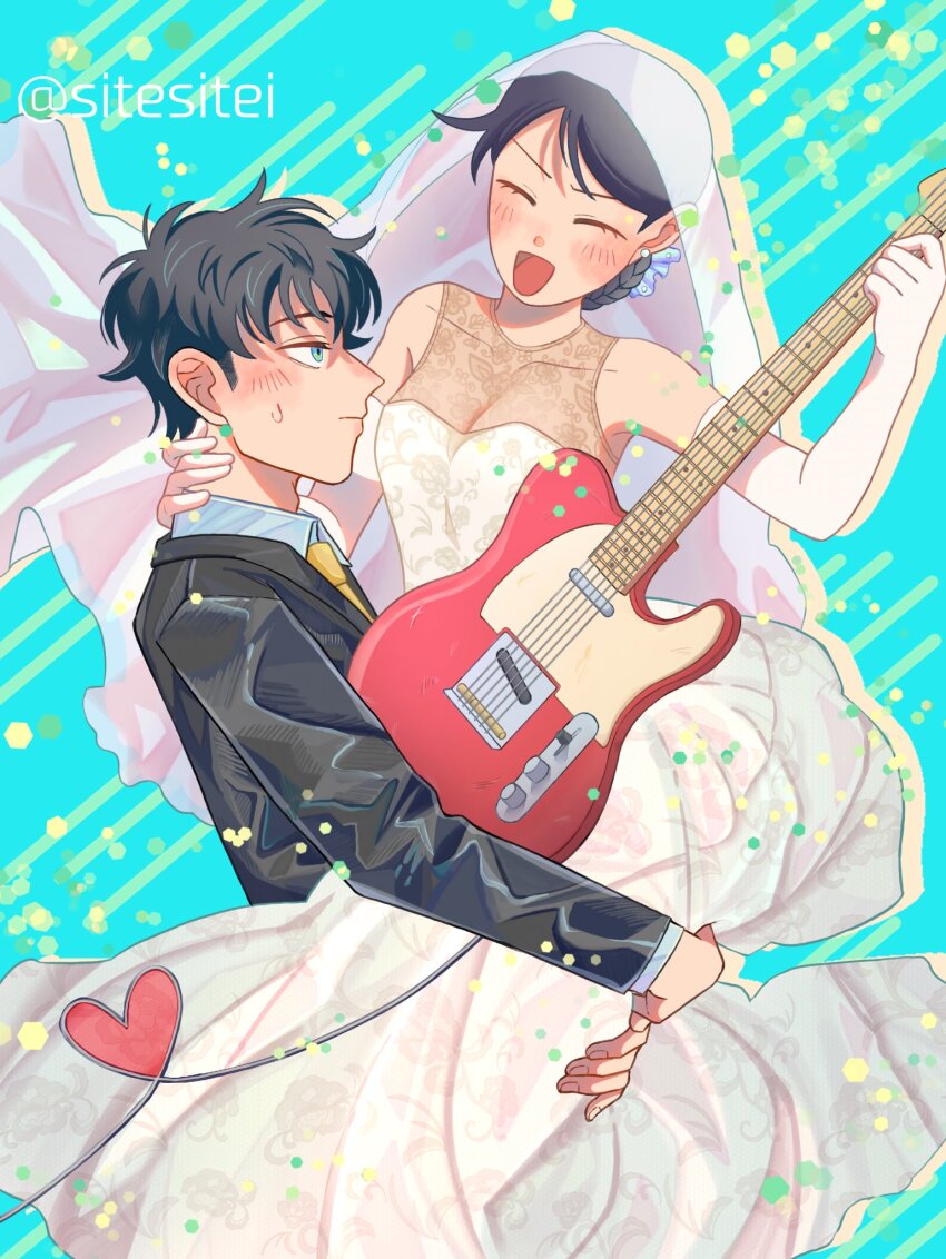 1boy 1girl :d ^_^ bare_shoulders black_hair black_jacket blue_background blue_eyes blush braid breasts bridal_veil bride carrying carrying_person cleavage closed_eyes closed_mouth collared_shirt colored_shadow commentary_request couple dress drop_shadow earrings elbow_gloves electric_guitar fender_telecaster futsuu_no_keion-bu gloves groom guitar hand_on_another&#039;s_neck hatono_chihiro heart heart_of_string hetero highres holding holding_guitar holding_instrument husband_and_wife instrument jacket jewelry long_dress mizuo_haruichi necktie open_mouth see-through_cleavage see-through_clothes shadow shirt short_hair sitesitei sleeveless sleeveless_dress smile suit_jacket twitter_username v-shaped_eyebrows veil wedding wedding_dress white_dress white_gloves white_shirt yellow_necktie