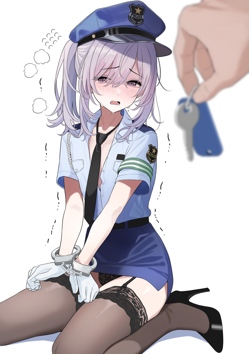 1boy absurdres armband belt black_belt black_necktie black_panties black_shoes black_thighhighs blue_hat blue_shirt blue_skirt blush bound bound_wrists bulge collared_shirt commentary_request crossdressing cuffs flying_sweatdrops furrowed_brow garter_straps gloves green_armband hair_between_eyes handcuffs hat high_heels highres holding jinguji_hayato key looking_at_viewer loose_necktie male_focus miniskirt necktie open_mouth original panties pantyshot partially_unbuttoned pencil_skirt police police_hat police_uniform ponytail pov pov_hands pumps purple_hair seiza shirt shoes short_sleeves simple_background sitting skirt solo_focus sweat tearing_up thighhighs trap trembling turisasu underwear white_background white_gloves