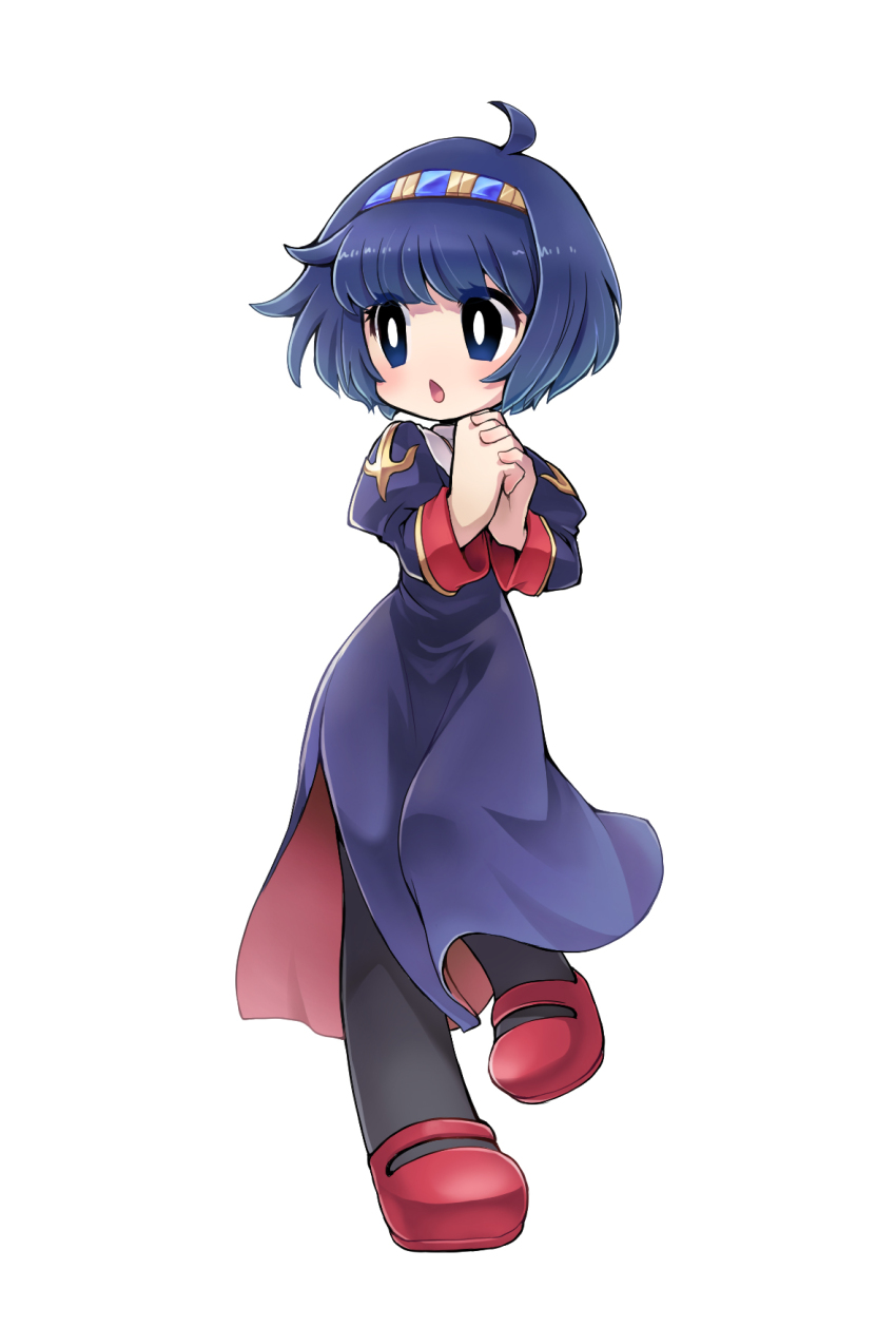 1girl ahoge black_pantyhose blue_eyes blue_hair blue_hairband blush bright_pupils commentary_request dress full_body hairband highres juliet_sleeves long_sleeves looking_to_the_side mary_janes open_mouth pantyhose priest_(ragnarok_online) puffy_sleeves purple_dress ragnarok_online red_shoes shoes short_hair side_slit simple_background solo white_background white_pupils yuru4u