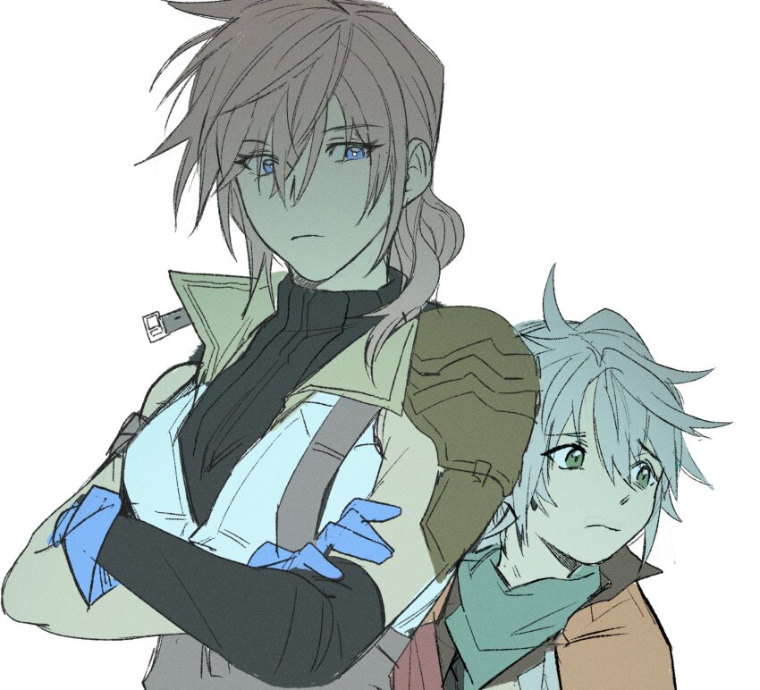 1boy 1girl armor blue_eyes blue_gloves closed_mouth crossed_arms final_fantasy final_fantasy_xiii garbage_paper gloves green_eyes grey_hair highres hope_estheim korean_commentary light_frown lightning_farron long_hair pauldrons pink_hair short_hair shoulder_armor single_pauldron white_background worried