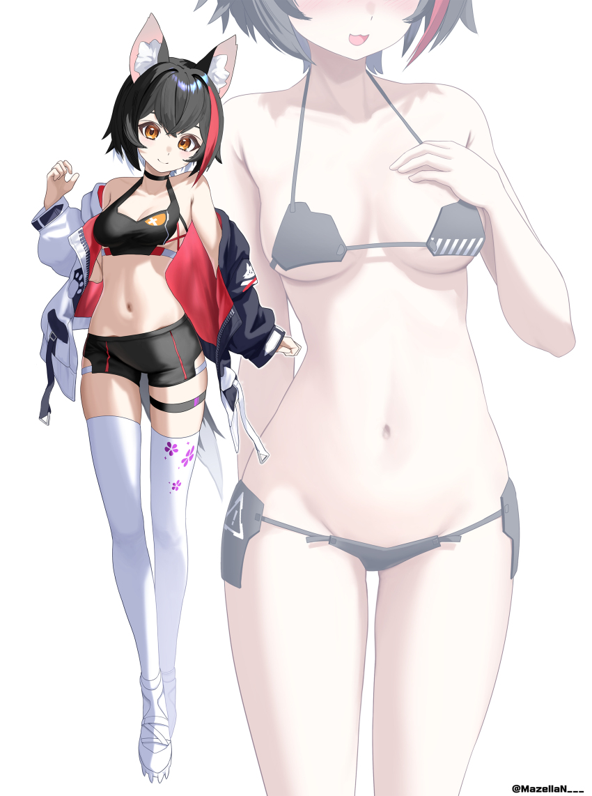 1girl absurdres animal_ear_fluff animal_ears bikini black_bikini black_choker black_hair black_jacket black_sports_bra bob_cut breasts choker cleavage closed_mouth commentary_request double-parted_bangs full_body halterneck highres hololive jacket jacket_partially_removed long_hair looking_at_viewer low-tied_long_hair mazellan medium_breasts multicolored_jacket navel ookami_mio open_clothes open_jacket red_hair red_jacket shoes short_hair short_shorts shorts simple_background smile sports_bra stomach swimsuit tail thigh_strap thighhighs virtual_youtuber white_background white_jacket white_shoes white_thighhighs wolf_ears wolf_girl wolf_tail yellow_eyes