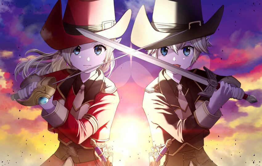 1boy 1girl black_hat black_jacket blue_eyes blue_gemstone blue_sky cloud commentary_request crossed_swords dawn dragon_quest dragon_quest_x dust earrings elf_(dq10) fairy_wings floating_hair gem hat highres holding holding_sword holding_weapon jacket jewelry long_hair looking_at_viewer necktie nikon_(user_aznh7528) open_mouth pink_sky pointy_ears purple_sky rapier red_hat red_jacket sheath sheathed short_hair sky sword upper_body weapon white_hair white_necktie wings yellow_sky