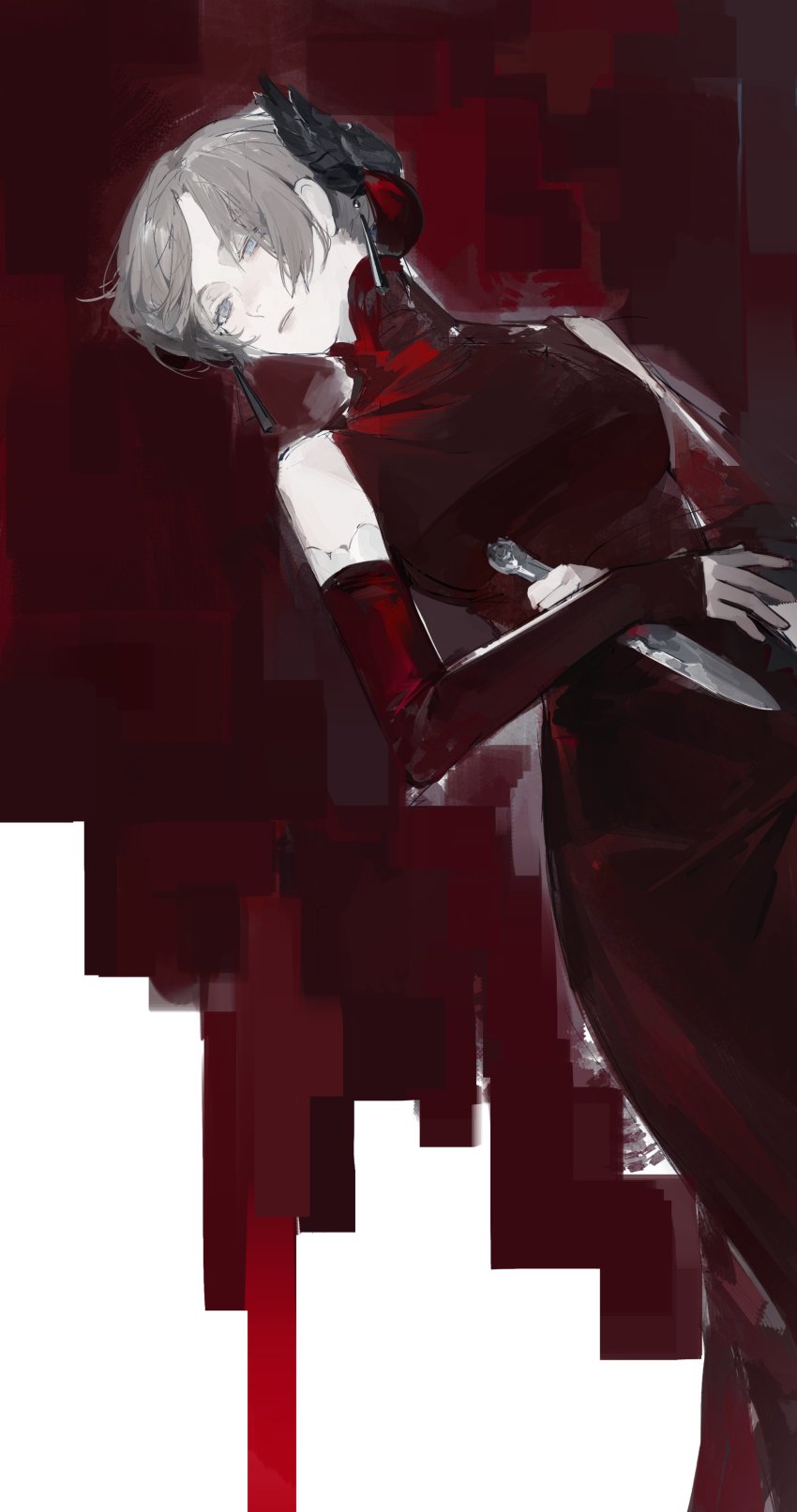 1girl absurdres blue_eyes brown_hair dagger drag-on_dragoon drag-on_dragoon_1 dress furiae hair_ornament highres holding holding_dagger holding_knife holding_weapon knife lying meru02295238 on_back red_dress solo turtleneck turtleneck_dress weapon