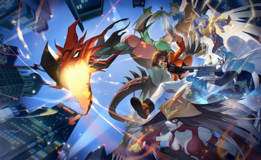 1girl 6+boys absurdres arm_cannon armor blue_armor blue_bodysuit bodysuit brown_eyes brown_hair building cape card colored_skin cropped_jacket ditto_(specular) duel_academy_uniform_(yu-gi-oh!_gx) electricity elemental_hero_bubbleman elemental_hero_burstinatrix elemental_hero_clayman elemental_hero_flame_wingman elemental_hero_sparkman elemental_hero_tempest green_skin group_picture highres holding holding_card jacket male_focus multiple_boys multiple_heads pants red_bodysuit red_jacket red_skin skyscraper trading_card weapon white_cape white_pants yu-gi-oh! yu-gi-oh!_gx yuki_judai
