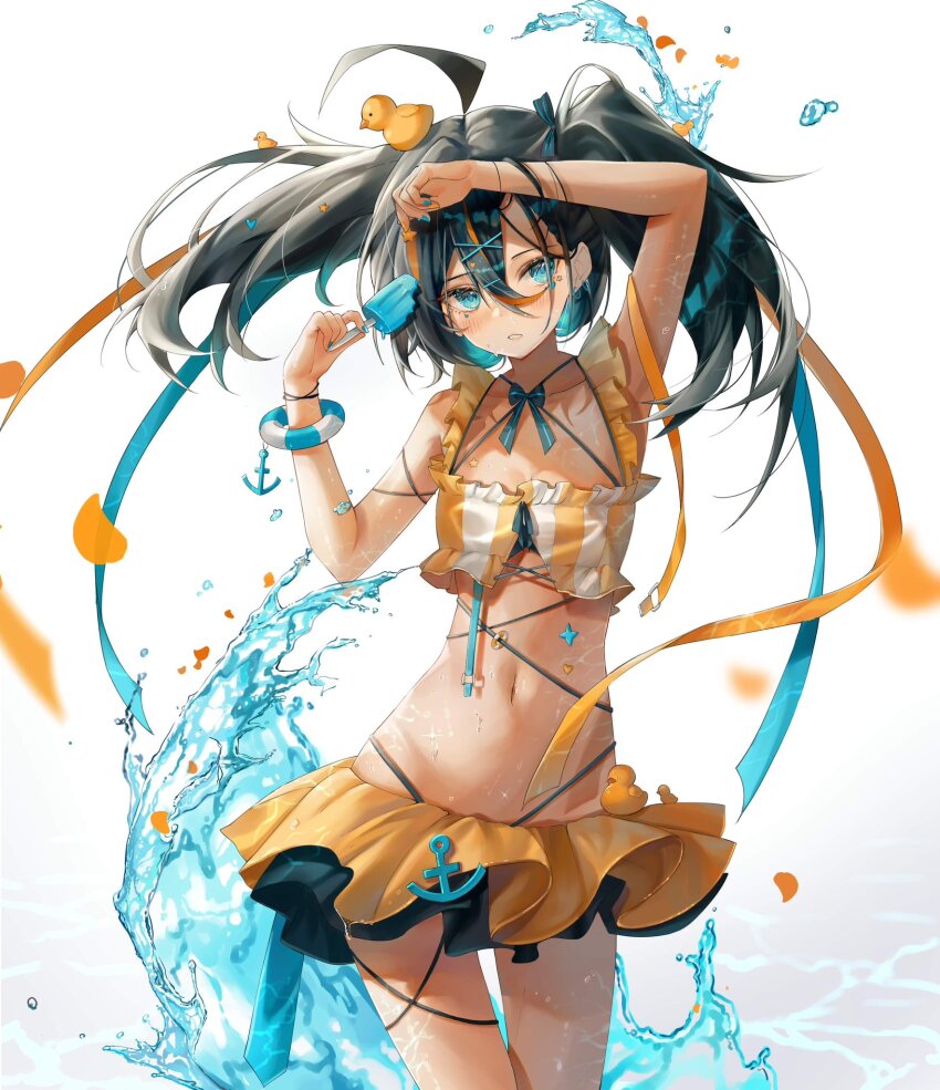 1girl ahoge arms_up bikini bikini_skirt black_hair blue_eyes blue_nails blue_ribbon blush bracelet breasts clenched_teeth cowboy_shot duck_hair_ornament falling_petals floating_hair food food_bite frilled_bikini frills hair_between_eyes hair_ornament hair_ribbon hand_on_own_head hands_up highres holding holding_food holding_popsicle jewelry looking_at_viewer medium_hair navel original pang_(pang_bb) parted_lips petals popsicle ribbon small_breasts solo splashing stomach swimsuit teeth twintails water wet white_background x_hair_ornament yellow_bikini yellow_ribbon