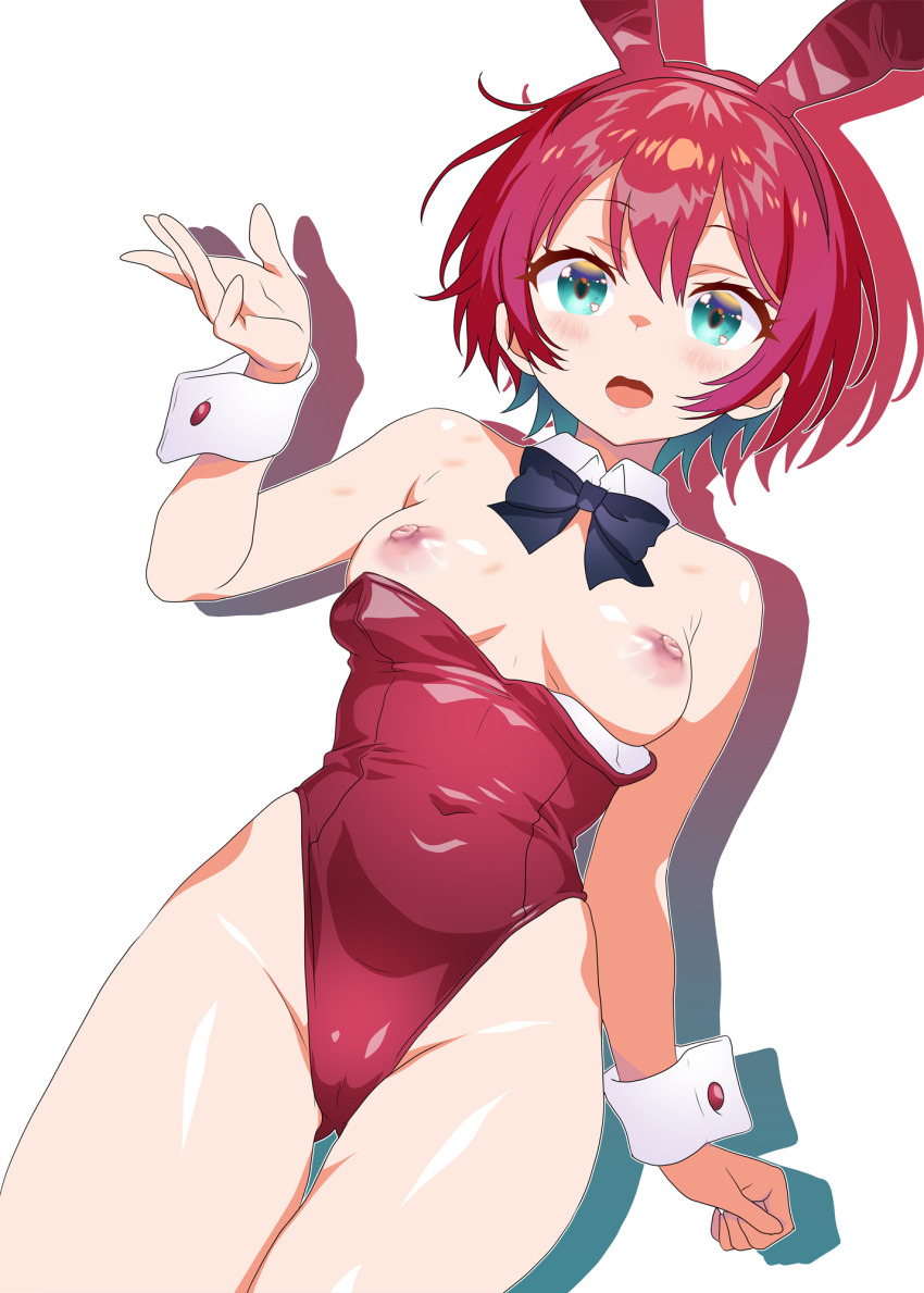 amate_yuzuriha aqua_eyes breasts gundam gundam_gquuuuuux hair_between_eyes leotard minazuki_noumu nipples red_hair shiny_skin short_hair solo