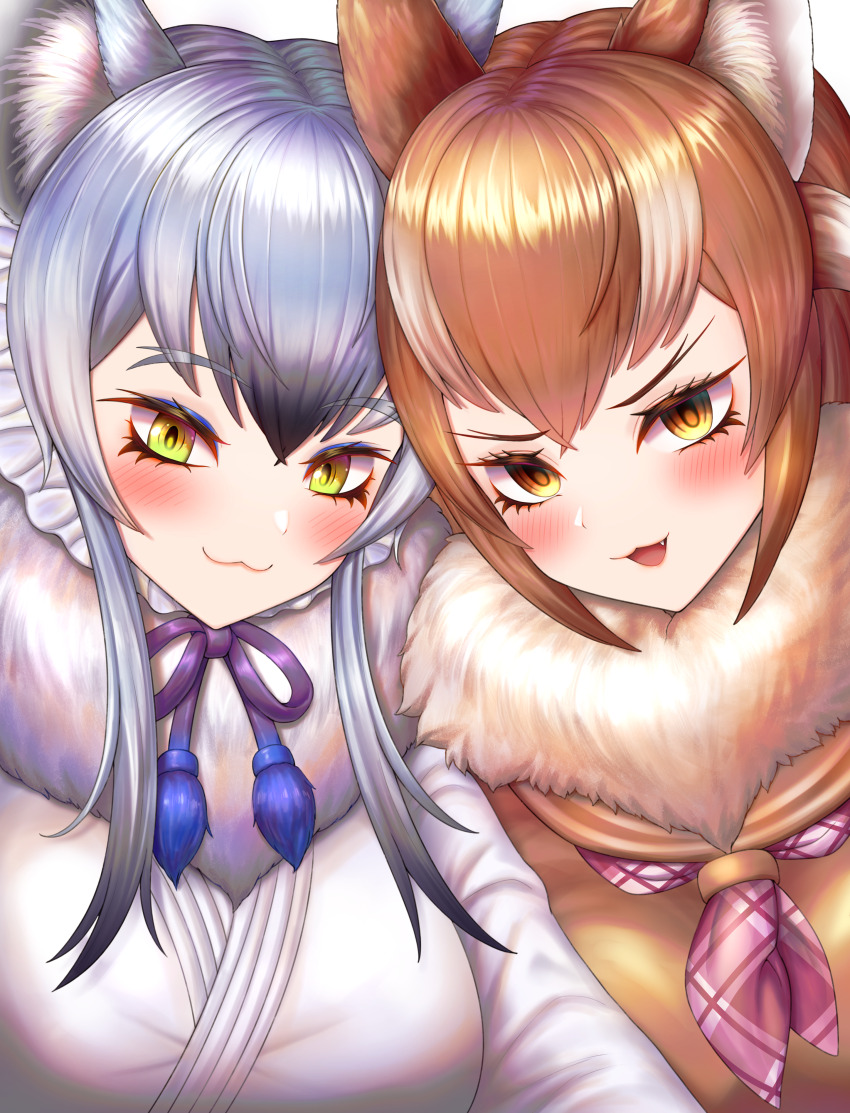 2girls :3 absurdres animal_ear_fluff animal_ears blush bone_necklace breasts brown_eyes brown_hair closed_mouth extra_ears fang forked_eyebrows fur_collar glowing glowing_hair grey_hair hair_between_eyes heart highres japanese_wolf_(kemono_friends) kemono_friends kemono_friends_3 large_breasts long_hair long_sleeves looking_at_viewer makami_(kemono_friends) medium_breasts multicolored_hair multiple_girls neckerchief neukkom open_mouth plaid_clothes plaid_neckerchief short_hair_with_long_locks smile two-tone_hair white_hair wolf_ears wolf_girl yellow_eyes