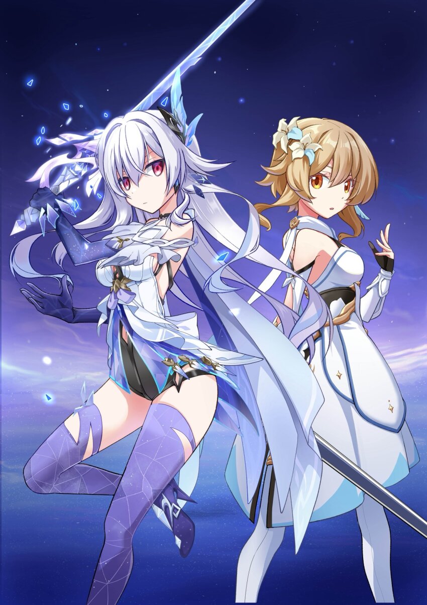 2girls back-to-back black_unitard blonde_hair boots breasts commentary_request dress elbow_gloves flower genshin_impact gloves grey_hair guest_art hair_between_eyes hair_flower hair_ornament hata_kenjirou high_heels highres holding holding_sword holding_weapon long_hair lumine_(genshin_impact) medium_breasts multiple_girls orange_eyes parted_lips purple_background purple_gloves purple_thighhighs red_eyes scarf short_hair_with_long_locks skirk_(genshin_impact) star_(sky) sword thigh_boots thighhighs weapon white_boots white_dress white_scarf