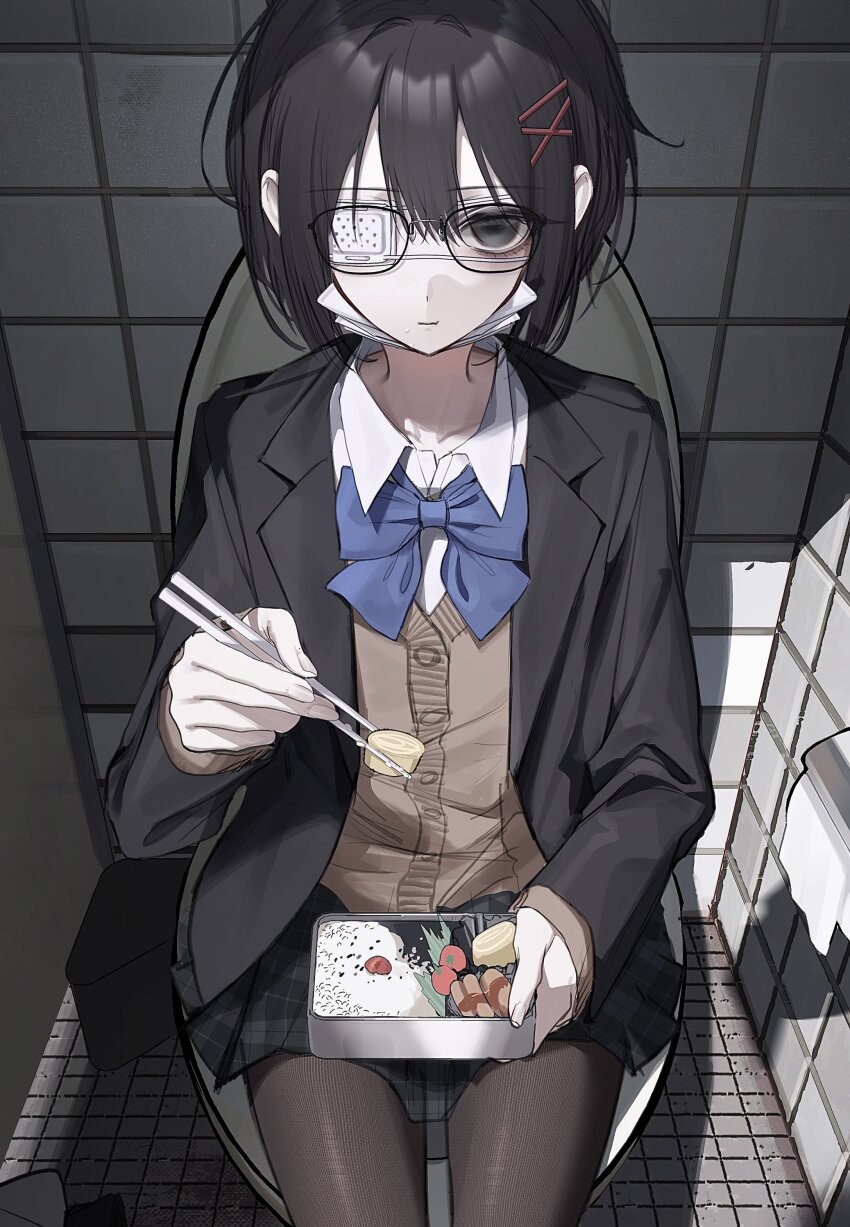 1girl absurdres bento black_eyes black_hair black_pantyhose blazer bow bowtie cardigan chopsticks eating eyepatch glasses highres jacket looking_at_viewer medium_hair moduku original pantyhose pleated_skirt shirt sitting skirt solo thigh_gap toilet white_shirt