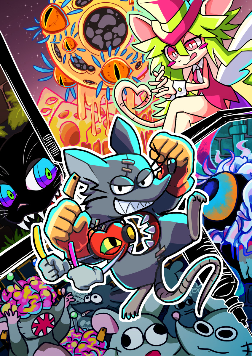 1girl 2boys absurdres animal_ears blue_eyes blush_stickers brain breasts cyclops ear_tag exposed_brain ghost_rat_(mad_rat_dead) gloves glowstick green_hair hat headphones heart heart_(mad_rat_dead) heart_tail highres hole_on_body hyeon leotard mad_rat mad_rat_dead mimolette_(mad_rat_dead) mob_rat_(mad_rat_dead) mouse_(animal) mouse_ears mouse_girl mouse_tail multiple_boys multiple_eyes nippon_ichi one-eyed rat_god red_eyes stitches tail the_cat_(mad_rat_dead) tie_clip top_hat wings wrist_cuffs