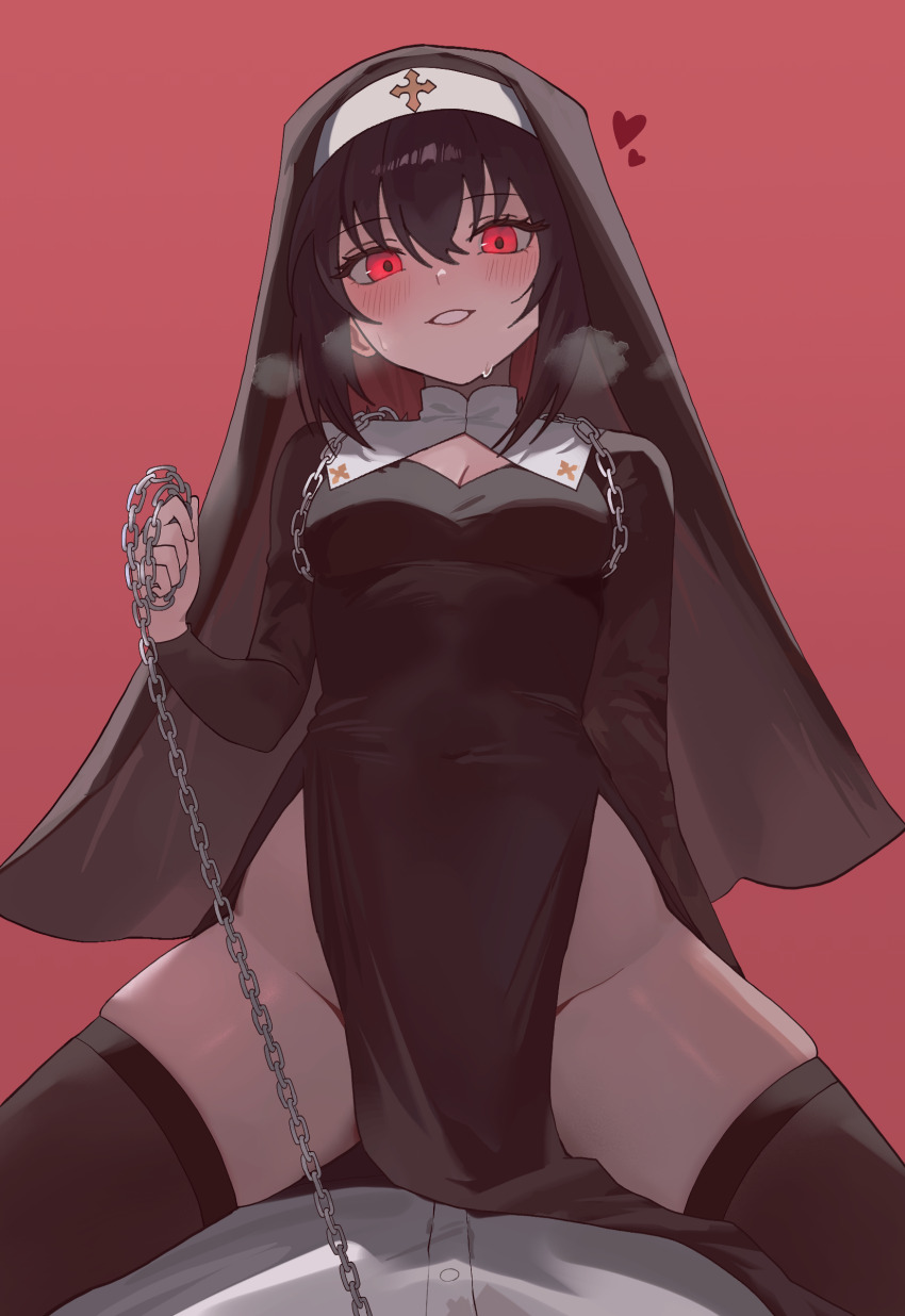 1girl 1other absurdres black_dress black_hair black_thighhighs black_veil blush breasts chain check_copyright cleavage cleavage_cutout clothing_cutout copyright_request covered_navel dress femdom girl_on_top grin hair_between_eyes heart heavy_breathing highres holding hwaran_(i_killed_an_academy_player) i_killed_an_academy_player long_sleeves looking_at_viewer medium_breasts medium_hair nbee_ya no_panties nun pelvic_curtain pov red_background red_eyes skindentation smile solo_focus spread_legs sweat thighhighs thighs veil