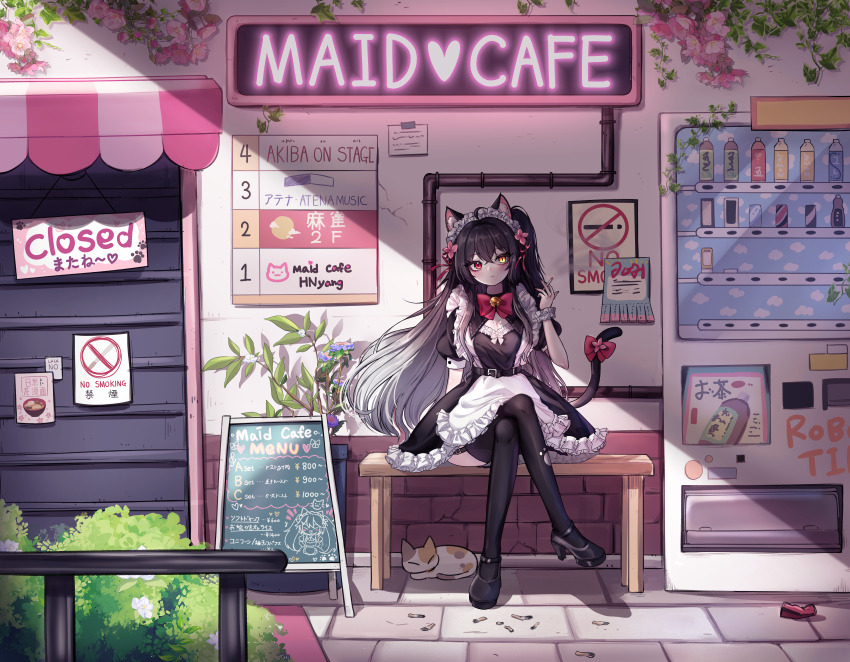 1girl absurdres animal animal_ears apron artist_request bench black_dress black_hair black_thighhighs breasts can cat cat_ears cat_girl cat_tail chalkboard_sign cigarette closed_sign crossed_legs day dress expressionless frilled_dress frills full_body gradient_hair grey_hair heterochromia highres holding holding_cigarette maid maid_apron maid_headdress medium_breasts menu_board multicolored_hair neon_sign no_smoking on_bench one_side_up original outdoors plant potted_plant puffy_short_sleeves puffy_sleeves red_eyes security_shutter short_sleeves sitting smoke tail thighhighs urban vending_machine wooden_bench yellow_eyes