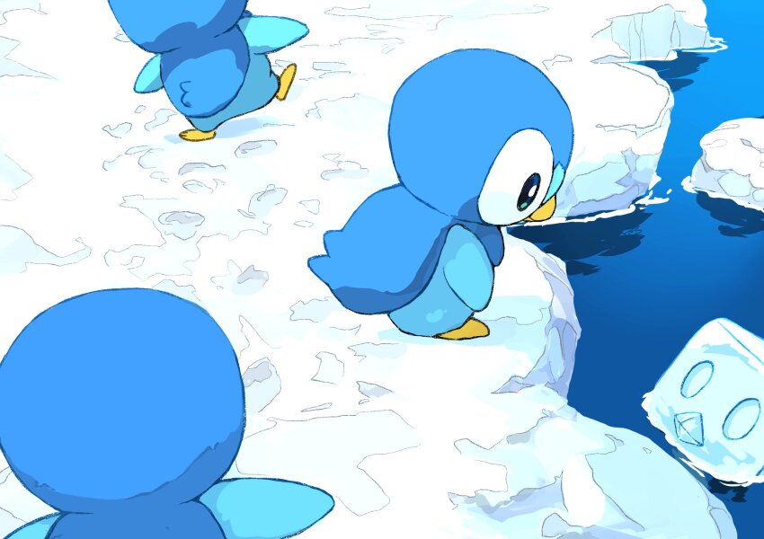 afloat animal_focus aomon_(yuuji7604) bird blue_skin colored_skin commentary_request eiscue eiscue_(ice) gen_4_pokemon gen_8_pokemon highres nintendo no_humans outdoors penguin piplup pokemon pokemon_(creature) snow walking water