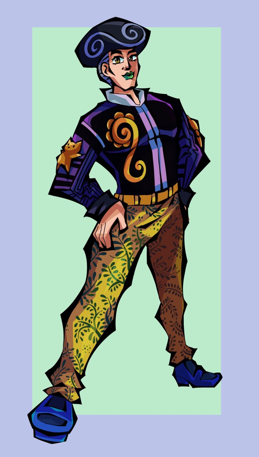 1boy afro belt black_jacket blue_shoes commentary english_commentary floral_print full_body giganide green_lips grey_hair hands_on_own_hips highres jacket jojo_no_kimyou_na_bouken jojolion makeup male_focus pants purple_hair purple_sleeves shoes short_hair smile solo spiral standing stuffed_animal stuffed_toy teddy_bear tooru_(jojolion) yellow_eyes yellow_pants