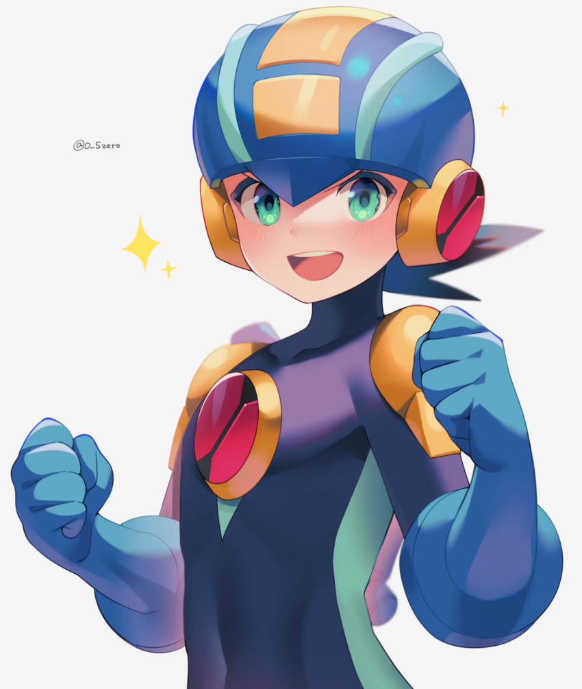 1boy :d blue_bodysuit blue_helmet blush bodysuit brown_hair clenched_hands commentary_request green_eyes happy helmet highres looking_at_viewer male_focus mega_man_(series) mega_man_battle_network_(series) megaman.exe netnavi open_mouth short_hair simple_background smile solo sparkle spiked_hair teeth twitter_username upper_body upper_teeth_only white_background zero-go