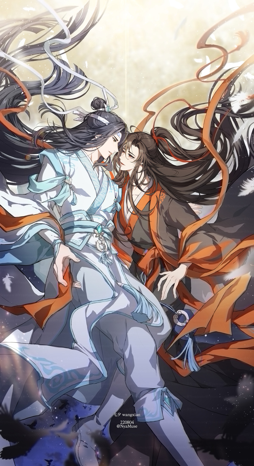 2boys absurdres artist_name bird bishounen black_hair black_robe blue_gemstone blue_sash boots brown_background brown_eyes brown_hair chinese_clothes collarbone commentary_request dated eye_contact eyelashes feathers floating_hair flock gem hair_between_eyes hair_bun hair_ornament hair_ribbon hanfu headband high_ponytail highres lan_wangji long_hair long_sleeves looking_at_another male_focus modao_zushi multiple_boys muse_(rainforest) open_mouth parted_bangs parted_lips ponytail profile red_eyes red_ribbon red_sash ribbon robe sash sidelocks simple_background single_hair_bun tassel very_long_hair watermark wei_wuxian white_footwear white_headband white_ribbon white_robe white_sash wide_sleeves xiao_guan_(headdress) yaoi