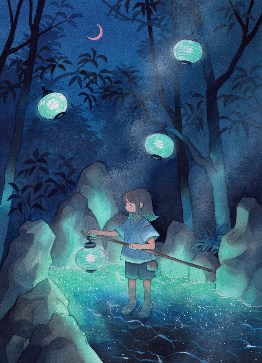 1girl aqua_hair barefoot black_eyes blue_shirt blue_sky colored_tips crescent_moon forest glowing gradient_hair grey_hair hanging_lantern heikala highres holding holding_lantern lantern long_hair moon multicolored_hair nature night night_sky original outdoors painting_(medium) paper_lantern plant rock scenery shirt short_sleeves shorts sky solo standing steam traditional_media tree underlighting wading water watercolor_(medium) wide_shot
