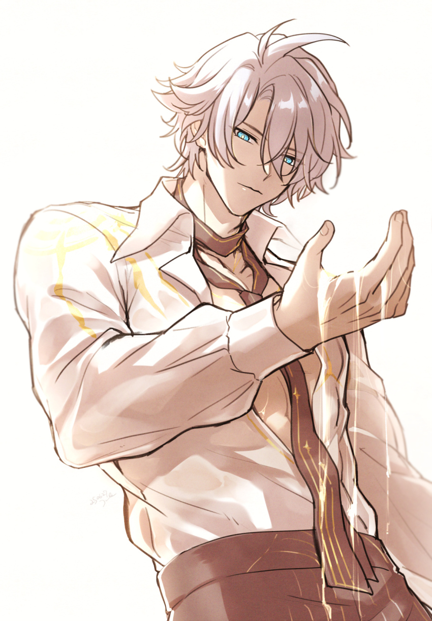 1boy antenna_hair black_necktie black_pants blue_eyes collared_shirt commentary_request highres honkai:_star_rail honkai_(series) jyuru long_sleeves male_focus necktie official_alternate_costume pants parted_bangs partially_unbuttoned pectoral_cleavage pectorals phainon_(anan)_(honkai:_star_rail) phainon_(honkai:_star_rail) shirt short_hair simple_background solo wet wet_clothes wet_shirt white_background white_hair white_shirt