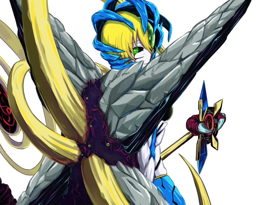 1girl alternate_form black_sclera blonde_hair closed_mouth colored_sclera green_eyes halcyon_(halcyon90) holding looking_at_viewer looking_back mon-musu_quest! mon-musu_quest:_paradox monster_girl pale_skin smile solo sonya_(mon-musu_quest!) spoilers