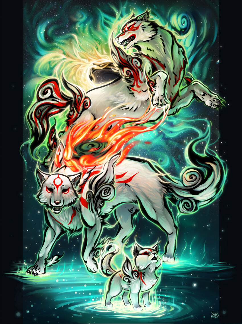 absurdres amaterasu_(ookami) animal_focus artist_name black_eyes chibiterasu closed_mouth commentary dog english_commentary fire full_body glowing grandmother_and_grandson green_light highres magic mother_and_daughter mother_and_son no_humans ookami_(game) open_mouth puppy reflector_(ookami) sazu_(sweetsazu) shiranui_(ookami) sparks water white_wolf wolf xiangyun