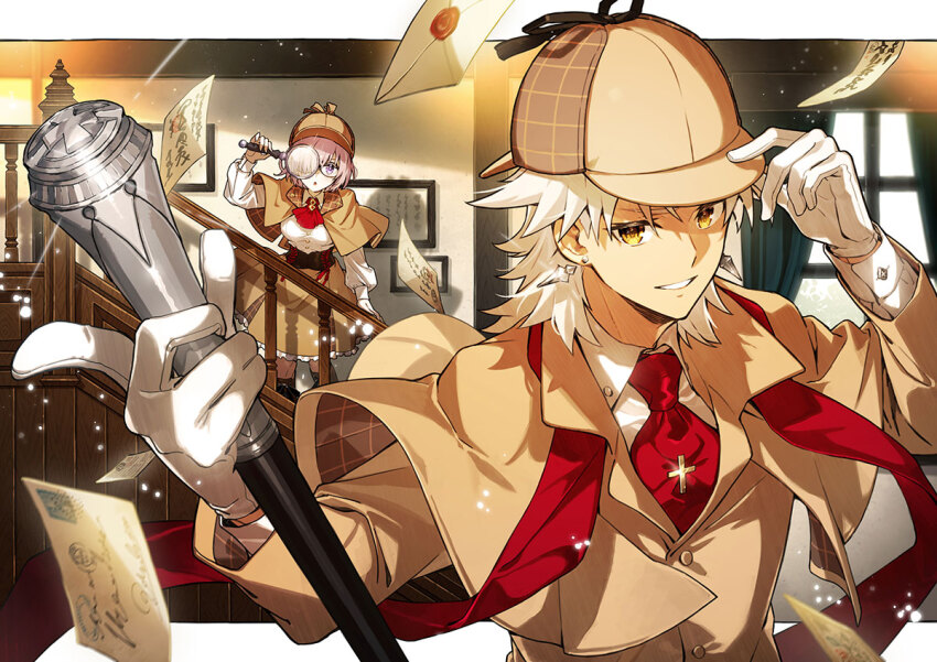 1boy 1girl amakusa_shirou_(fate) brown_capelet brown_hat cabbie_hat cane capelet cross cross_brooch dark-skinned_male dark_skin detective earrings fate/grand_order fate_(series) gloves hair_over_one_eye hand_on_headwear hat holding holding_cane holding_magnifying_glass indoors jewelry kaworu_(kaw_lov) letter long_sleeves looking_at_viewer magnifying_glass mash_kyrielight necktie official_art pink_hair plaid_capelet plaid_clothes plaid_headwear promotional_art purple_eyes red_necktie red_scarf scarf short_hair skirt smile stairs two-sided_capelet white_gloves white_hair yellow_eyes