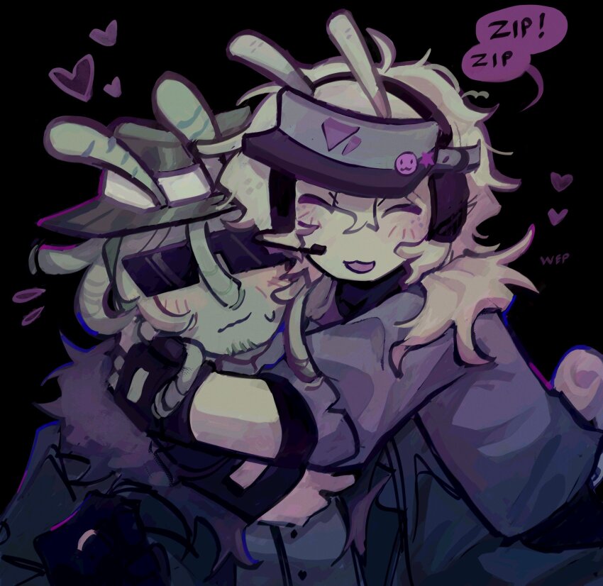 2boys :3 aamx1i alien alienposting_(meme) black_background black_coat black_gloves black_hat blue_jacket blush chance_(forsaken) closed_eyes coat colored_skin elliot_(roblox) fedora fingerless_gloves forsaken_(roblox) gloves hat highres jacket low_ponytail meme multiple_boys official_alternate_costume open_mouth ponytail roblox simple_background smile sunglasses sweat upper_body visor_cap white_hair white_skin