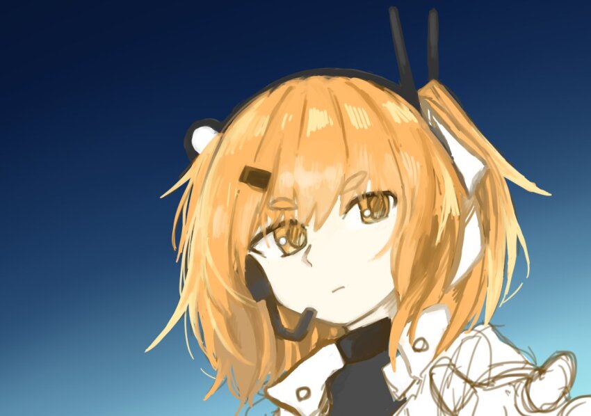 1girl a.i._voice adachi_rei black_shirt blue_background closed_mouth commentary_request floating_hair gradient_background hair_ornament hair_ribbon hairclip headlamp headset jacket light_frown looking_at_viewer medium_hair microphone one_side_up open_clothes open_jacket orange_eyes orange_hair outstretched_hand portrait radio_antenna ribbon shirt short_eyebrows sideways_glance sketch solo subaru_namisaki turtleneck utau white_jacket white_ribbon