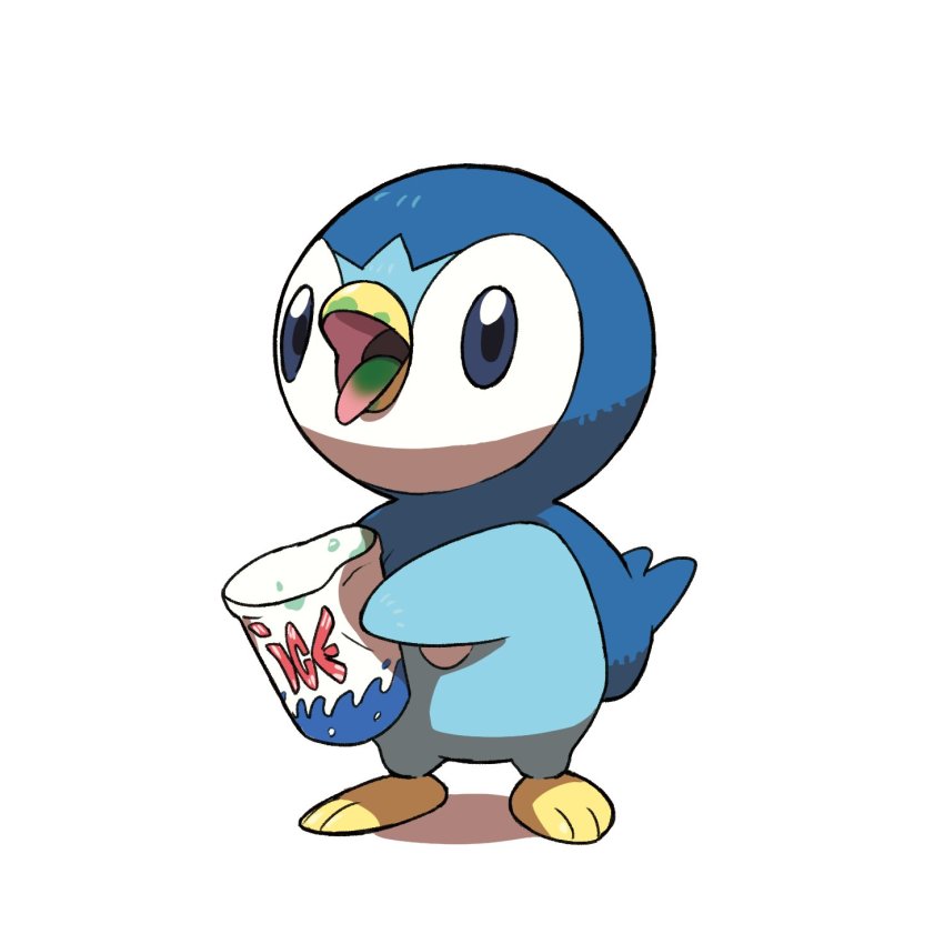 creature food gen_4_pokemon grey_eyes highres holding nintendo no_humans oomura_yuusuke open_mouth piplup pokemon pokemon_(creature) simple_background solo standing toes tongue tongue_out white_background