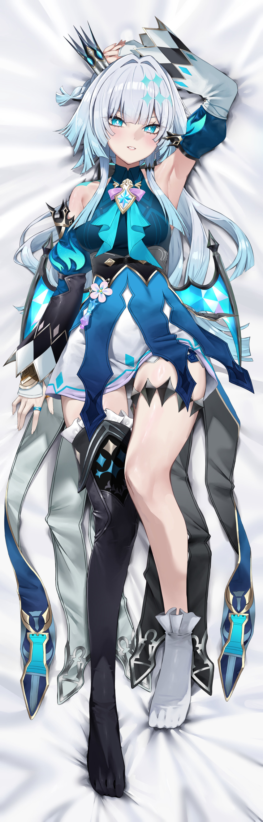 1girl absurdres alternate_breast_size_(larger) arm_up armpits asymmetrical_footwear bare_shoulders bed_sheet bilingual_commentary black_thighhighs blue_dress blush breasts cerydra_(honkai:_star_rail) commentary commission crown dakimakura_(medium) detached_sleeves diamond-shaped_pupils diamond_(shape) dress english_commentary fingernails from_above full_body grey_hair hair_intakes highres honkai:_star_rail honkai_(series) large_breasts long_hair looking_at_viewer lying mixed-language_commentary no_shoes on_back parted_lips single_sock single_thighhigh skirt socks solo symbol-shaped_pupils thighhighs thighs very_long_hair vitaminechan white_skirt white_socks