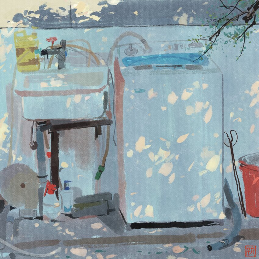 absurdres bottle branch bucket highres industrial_pipe neo1900 no_humans object_focus original shadow sink sunlight top-load_washing_machine tube washing_machine
