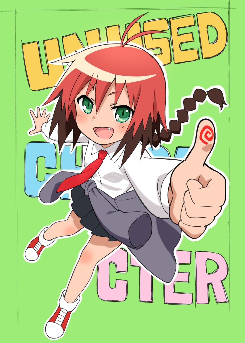 1girl absurdres ahoge black_skirt braid character_name clothes_around_waist collared_shirt fang green_background green_eyes grey_shirt highres inset_border kill_me_baby komagoma light_blush looking_at_viewer necktie open_mouth outline outstretched_hand pleated_skirt red_footwear red_hair red_necktie shirt shirt_around_waist single_braid skirt smile solo text_background thumbs_up unused_character_(kill_me_baby) white_outline white_shirt