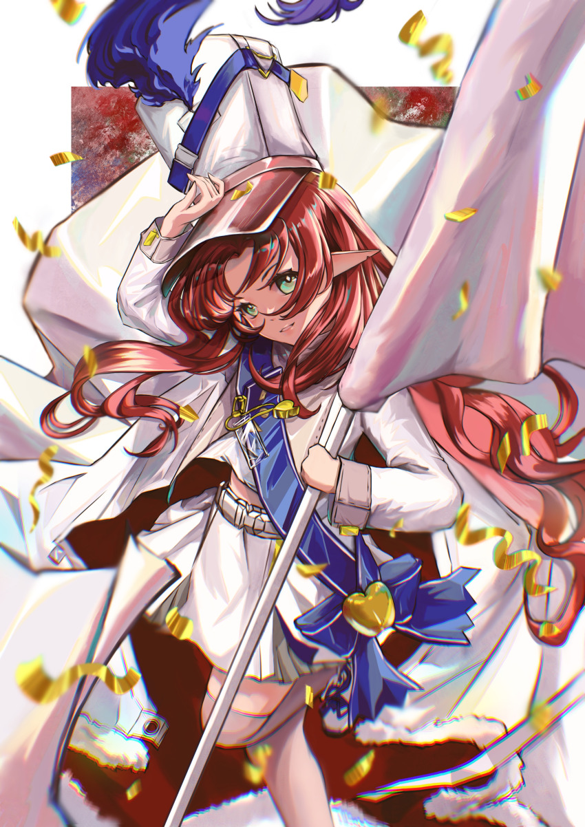 1girl absurdres apple arknights arm_up blue_sash chromatic_aberration commentary confetti flag floating_hair food foot_out_of_frame fruit green_eyes grey_thighhighs hat highres holding holding_flag jacket light_smile long_hair long_sleeves looking_at_viewer making-of_available midriff_peek myrtle_(arknights) myrtle_(light_gold_celebration)_(arknights) official_alternate_costume parted_lips peaked_cap pointy_ears procreate_(medium) qinbaozi869 red_hair sash shako_cap shoulder_sash skirt solo standing standing_on_one_leg symbol-only_commentary thighhighs whistle white_flag white_hat white_jacket white_skirt