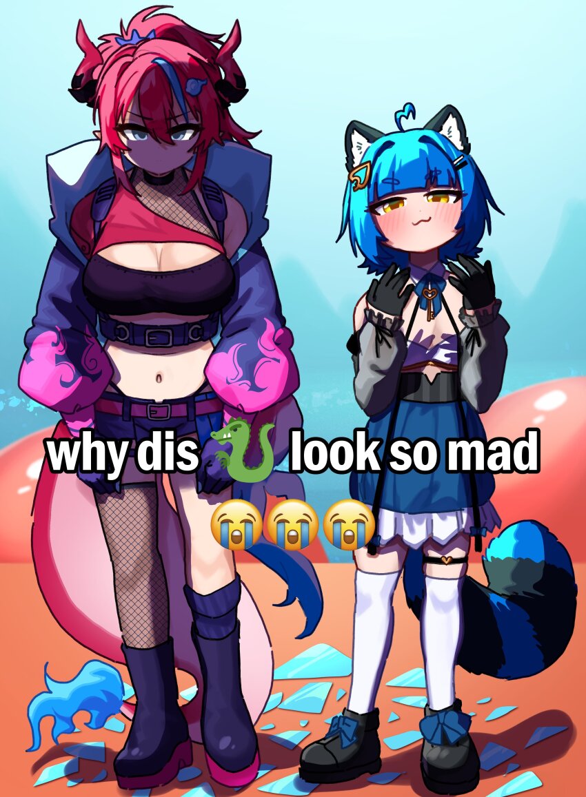2girls :3 absurdres ahoge animal_ears belt black_gloves black_shoes blue_fire blue_hair blue_sky blunt_bangs blush boots breasts broken_glass cleavage colored_shoe_soles commentary crying_emoji dragon dragon_girl dragon_horns dragon_tail emoji english_commentary english_text eyelashes fire fishnets flame-tipped_tail full_body glass gloves hair_ornament hairclip hands_up heart heart_ahoge height_difference highres horns idol_corp jacket kai_saikota kneehighs large_breasts meme midriff multiple_girls navel open_clothes open_jacket poko_rakun raccoon_ears raccoon_girl raccoon_tail red_hair ryoshi shaded_face shoes short_hair short_shorts shorts sidelocks sky socks standing tail virtual_youtuber white_socks why_dis_ninja_look_so_mad_(meme) yellow_eyes