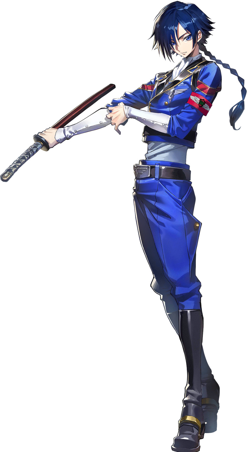 1boy ahoge anime_coloring armband arms_up belt belt_buckle black_shoes blue_eyes blue_hair blue_jacket blue_pants braid braided_ponytail buckle closed_mouth code_geass code_geass:_boukoku_no_akito code_geass:_genesic_re;code cropped_legs full_body hair_between_eyes hair_flaps highres holding holding_sheath holding_sword holding_weapon hyuuga_akito jacket jumping katana layered_sleeves leg_up long_hair long_sleeves looking_at_viewer male_focus military_uniform motion_blur official_art outstretched_arm pants sheath shirt shoes sidelocks simple_background solo sword transparent_background v-shaped_eyebrows weapon white_shirt