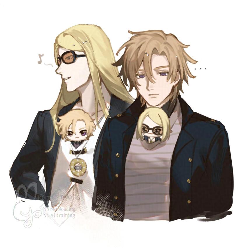 2boys black_coat blonde_hair coat daybit_sem_void fate/grand_order fate_(series) highres hungrycookies1 long_hair multiple_boys purple_eyes sunglasses tezcatlipoca_(fate)