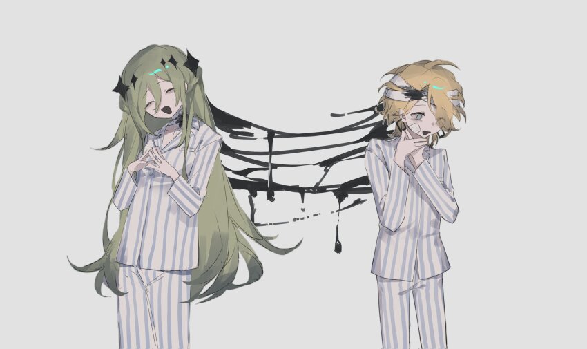 16personalities 2girls adventurer_(16personalities) bandaged_head bandages black_blood blood blue_eyes closed_eyes cowboy_shot earrings green_hair hair_between_eyes hand_up hands_on_own_neck highres jewelry kuuki_garden long_hair long_sleeves mediator_(16personalities) multiple_girls open_mouth own_hands_together pajamas shirt sidelocks simple_background striped_clothes striped_pajamas striped_shirt very_long_hair white_background