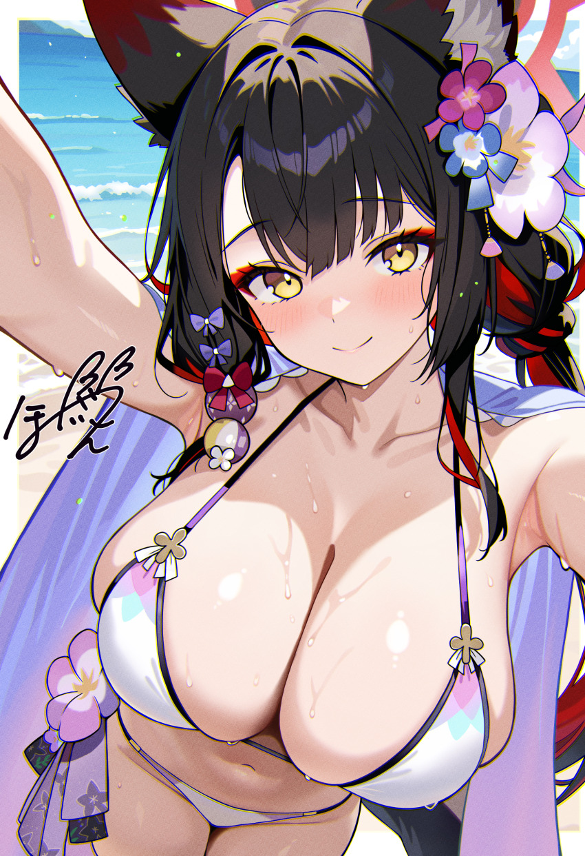 1girl absurdres animal_ears armpits bikini black_hair blue_archive blush breasts cleavage closed_mouth collarbone commentary_request day fox_ears fox_girl hair_ornament halo highres honyara-san large_breasts long_hair looking_at_viewer navel official_alternate_costume outdoors red_halo signature smile swimsuit wakamo_(blue_archive) wakamo_(swimsuit)_(blue_archive) water wet white_bikini