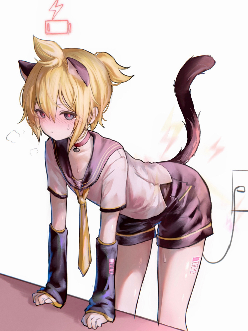 1boy :t ahoge animal_ear_fluff animal_ears arm_support azulasi battery_indicator black_arm_warmers black_sailor_collar black_shorts blonde_hair blush cable cat_boy cat_ears cat_tail choker collarbone commentary commentary_request cowboy_shot dog_tags double-parted_bangs english_commentary fortissimo full-face_blush grey_eyes hair_between_eyes high_ponytail highres kagamine_len leaning_forward lightning_bolt_symbol looking_at_viewer low_battery_notification male_focus mixed-language_commentary necktie no_sclera partial_commentary pink_pupils ponytail pout recharging red_choker sailor_collar shirt short_hair short_shorts short_sleeves shorts sidelocks solo sweat tail tearing_up thighs vocaloid white_shirt yellow_necktie