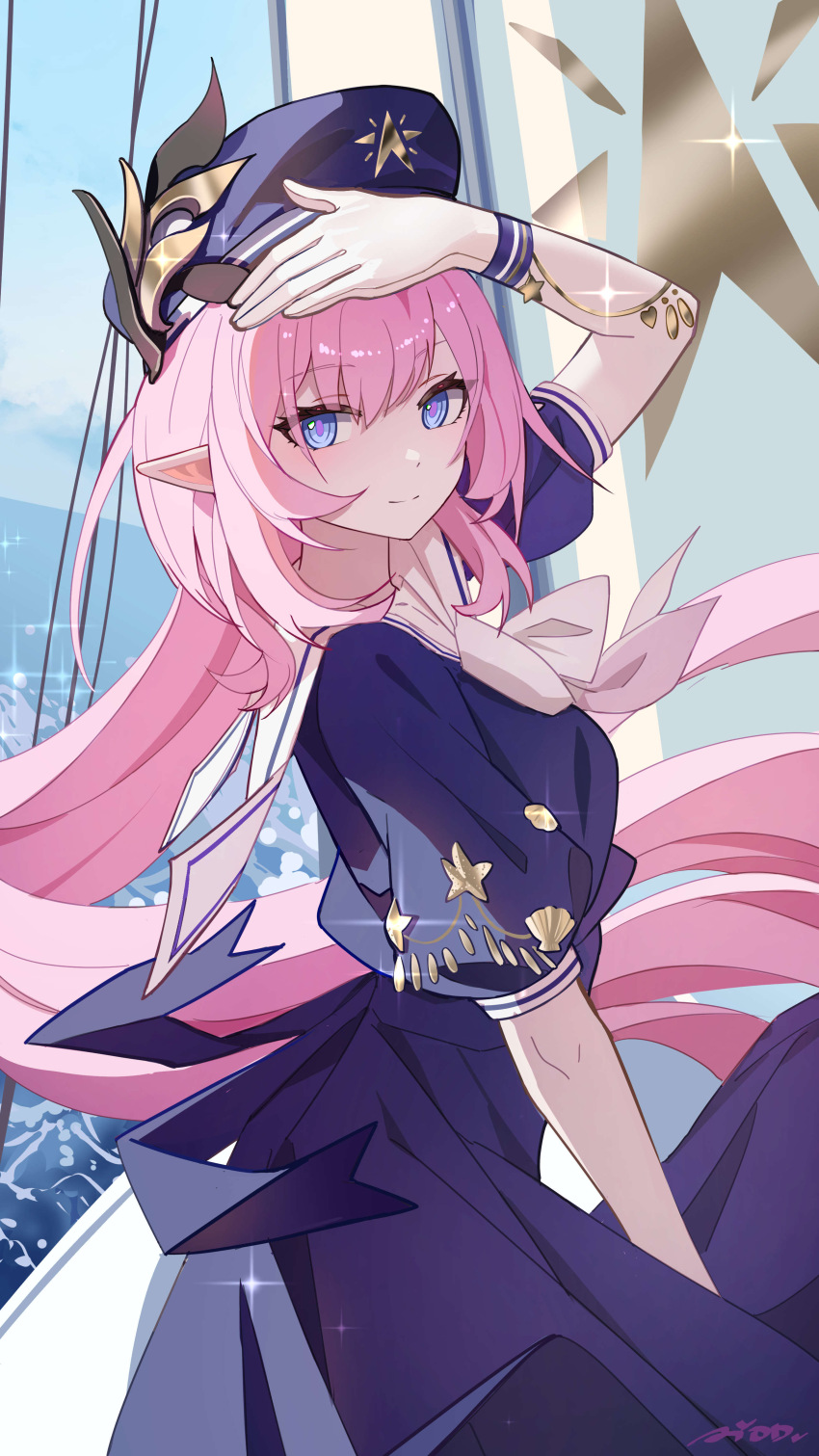 1girl absurdres ai_dongdong alternate_costume blue_dress blue_eyes blue_hat blue_sky breasts chinese_commentary commentary_request dress elf elysia_(honkai_impact) from_side gloves hat highres honkai_(series) honkai_impact_3rd looking_at_viewer military_uniform naval_uniform ocean pink_hair pointy_ears sky solo white_gloves