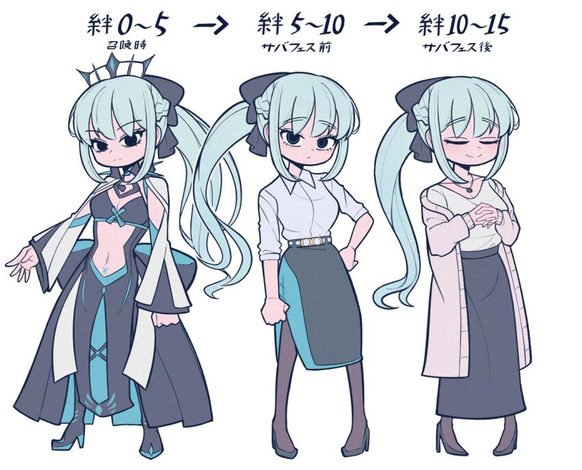 3girls black_bow black_dress bow closed_eyes dress fate/grand_order fate_(series) full_body hair_between_eyes hair_bow high_heels long_hair looking_at_viewer lrl23wznet74220 morgan_le_fay_(chaldea_satellite_station)_(fate) morgan_le_fay_(fate) morgan_le_fay_(third_ascension)_(fate) multiple_girls ponytail simple_background smile standing tiara white_hair
