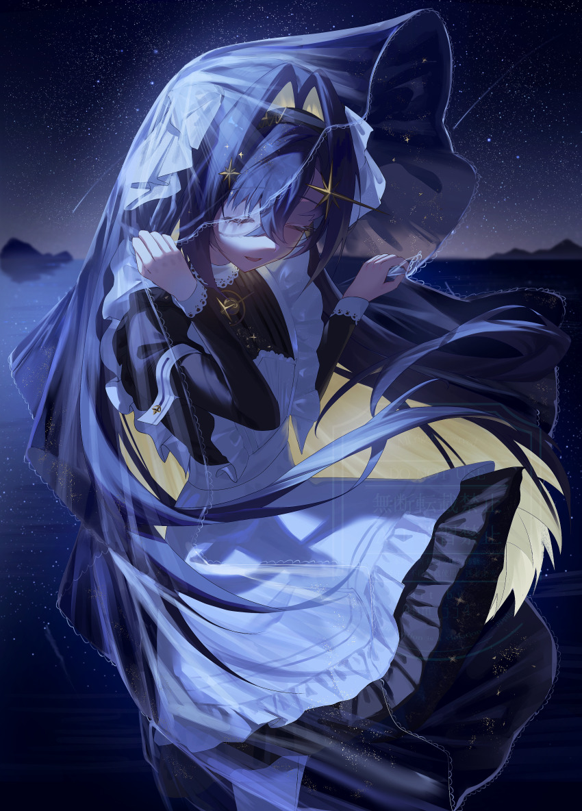 1girl absurdres apron black_dress blonde_hair blue_hair closed_eyes clothes_lift colored_inner_hair cowboy_shot dress dress_lift floating_hair hair_intakes hands_up highres holding_veil ir0_0616 juliet_sleeves long_hair long_sleeves mountainous_horizon multicolored_hair night night_sky open_mouth outdoors pantyhose puffy_sleeves reverse:1999 school_uniform see-through_clothes see-through_veil shooting_star short_dress sky smile solo soviet_school_uniform star_(sky) starry_sky veil voyager_(reverse:1999) water watermark white_apron white_pantyhose wind wind_lift