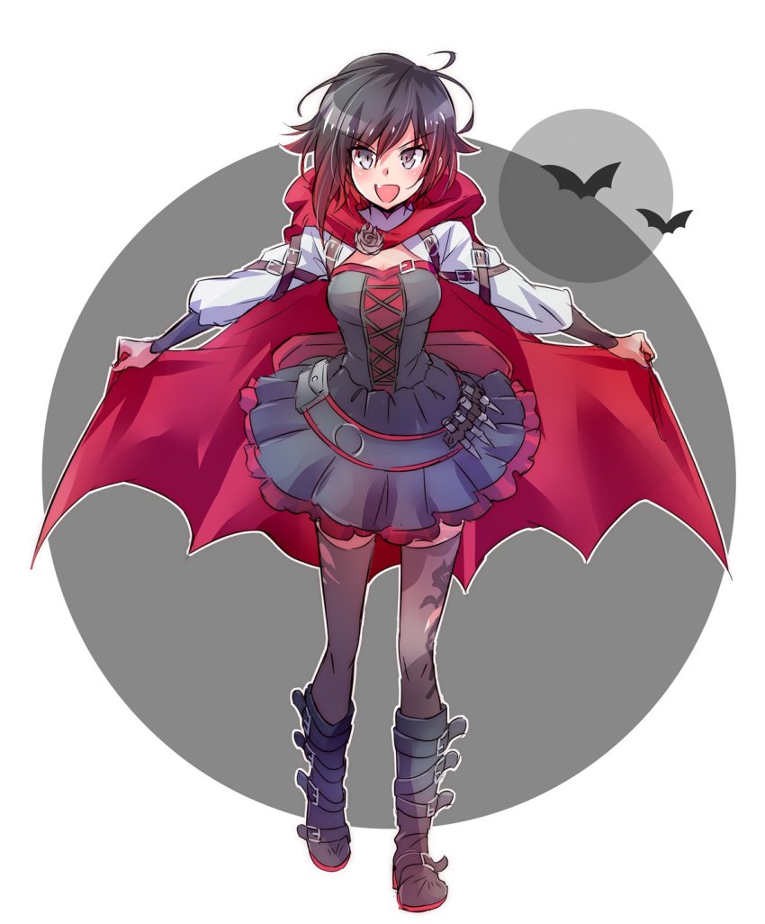 1girl ammunition ammunition_belt bag bats belt belt_buckle black_boots black_hair black_thighhighs blush boots breasts buckle cape cloak corset facing_viewer fangs female_focus full_body gradient_hair grey_eyes halloween happy highres holding holding_unworn_cape holding_unworn_clothes hood hood_down iesupa lolita_fashion looking_at_viewer medium_breasts multicolored_hair open_mouth petals red_cape red_cloak red_hair rose_petals ruby_rose rwby short_hair skirt smile solo standing thighhighs torn_clothes torn_thighhighs unworn_cape