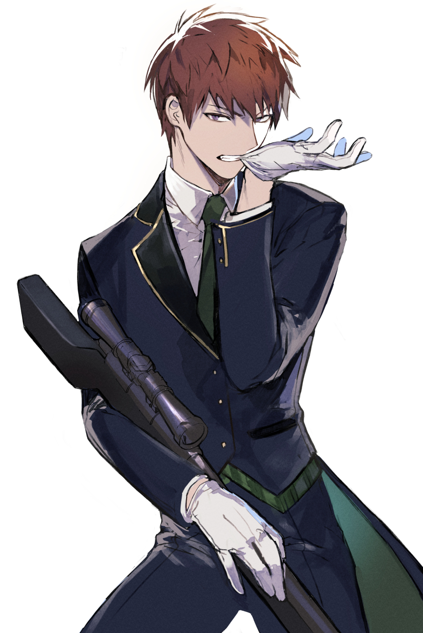 1boy absurdres adjusting_clothes adjusting_gloves arafune_tetsuji biting biting_clothes black_jacket brown_hair clenched_teeth collared_shirt cowboy_shot formal_clothes gloves green_necktie green_vest gun hand_up highres holding holding_gun holding_weapon jacket lapels long_sleeves looking_at_viewer male_focus mnmnwtsn necktie no_headwear red_hair rifle shirt short_hair simple_background sniper_rifle solo tailcoat teeth vest weapon white_background white_gloves white_shirt world_trigger