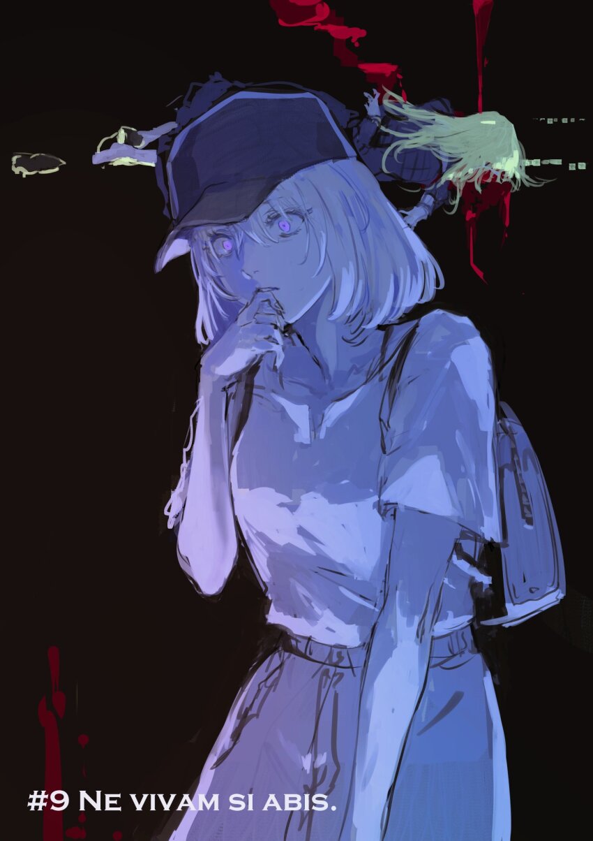 2girls backpack bag bang_dream! bang_dream!_it&#039;s_mygo!!!!! baseball_cap black_background black_hat blonde_hair blood breasts commentary constricted_pupils cowboy_shot crazy_eyes hair_between_eyes hand_to_own_mouth hand_up hat highres imagining looking_at_viewer lying medium_breasts misumi_uika mortis_(bang_dream!) mortis_(persona)_(bang_dream!) multiple_girls on_side osakana_(denpa_yun&#039;yun) parted_lips purple_eyes shirt short_hair short_sleeves skirt standing symbol-only_commentary wakaba_mutsumi white_shirt white_skirt wide-eyed