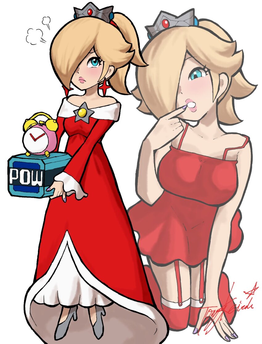 1girl alternate_costume aqua_eyes bare_arms bare_shoulders blonde_hair blush breasts brooch clock collarbone crown dress earrings fire_rosalina gem hair_over_one_eye half-closed_eyes high_heels highres index_finger_raised jewelry long_hair long_sleeves mario_(series) medium_breasts multiple_views nintendo off-shoulder_dress off_shoulder one_eye_covered ponytail pow_block red_dress red_gemstone red_thighhighs rosalina short_dress spaghetti_strap star_(symbol) star_brooch star_earrings super_mario_3d_world thighhighs toggy_keiichi