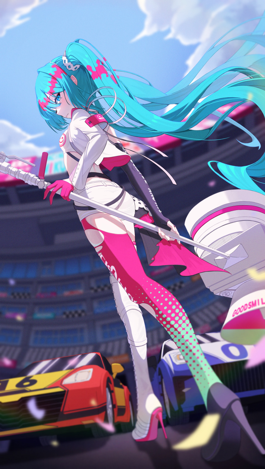 1girl absurdres aqua_eyes aqua_hair armband asymmetrical_sleeves boots breasts car crown_belt_buckle crown_ornament gloves hatsune_miku highres holding holding_megaphone ko_otori127 long_hair looking_at_viewer looking_back megaphone mismatched_sleeves motor_vehicle multicolored_pantyhose pantyhose pink_armband pink_gloves pink_pantyhose pleated_cape race_queen race_vehicle racecar racing_miku racing_miku_(2025) shorts single_thigh_boot small_breasts solo thigh_boots twintails two-sided_vest very_long_hair vocaloid white_shorts